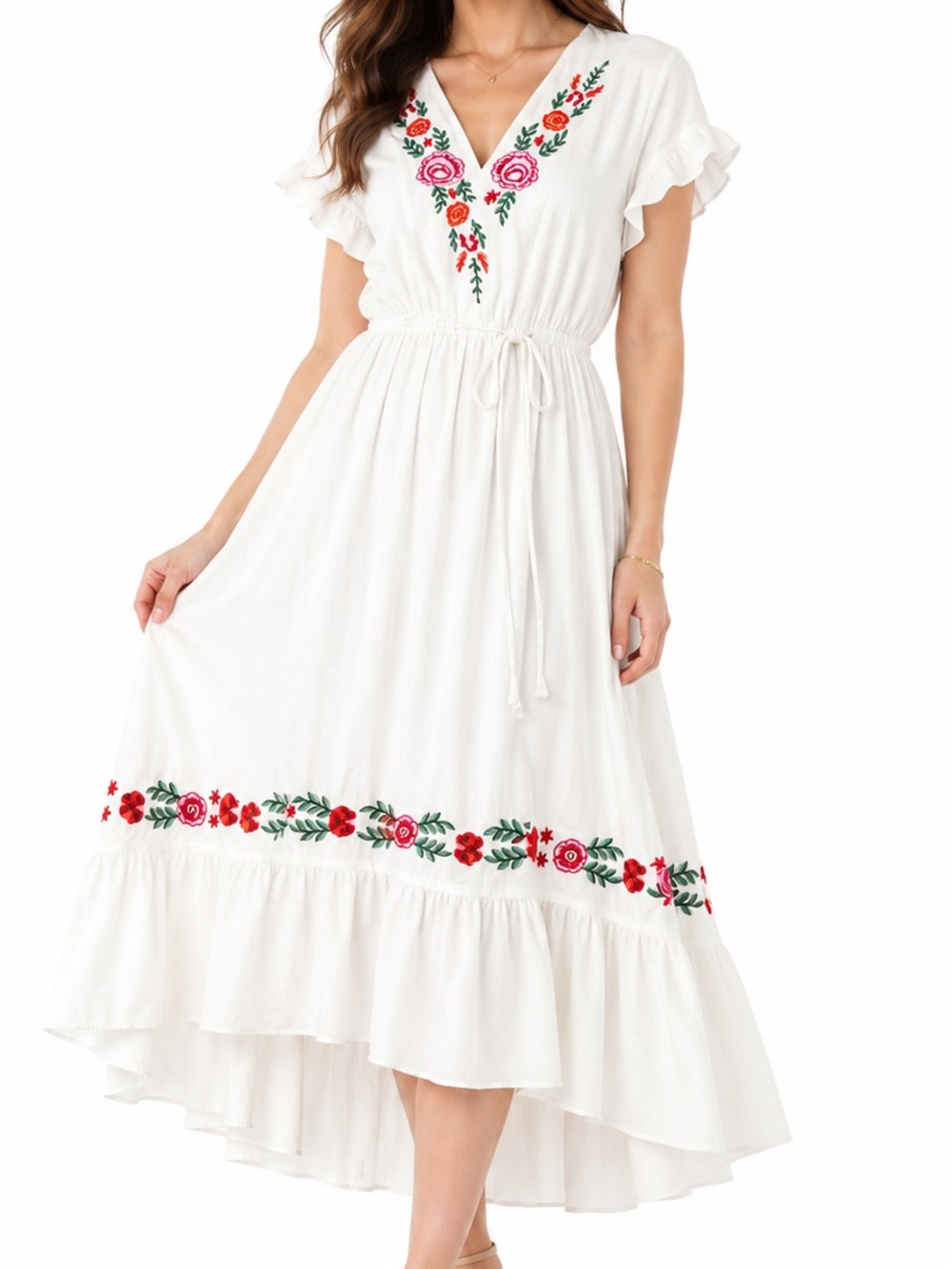 SHEIN White High-Low Maxi Dress with Red & Pink Floral Embroidery
